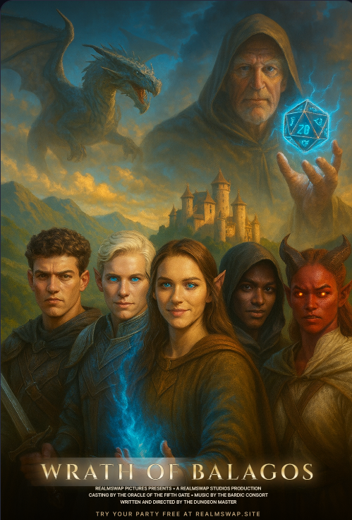 Wrath of Balagos fantasy movie poster of a five-person party