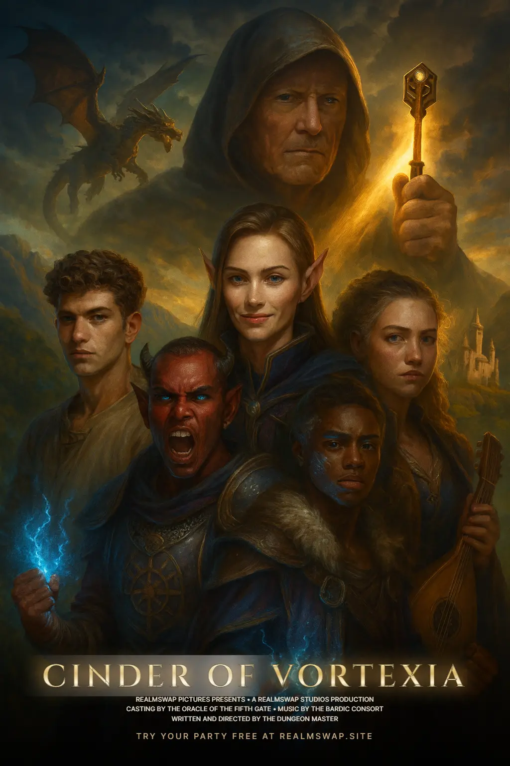Cinder of Vortexia painterly party poster