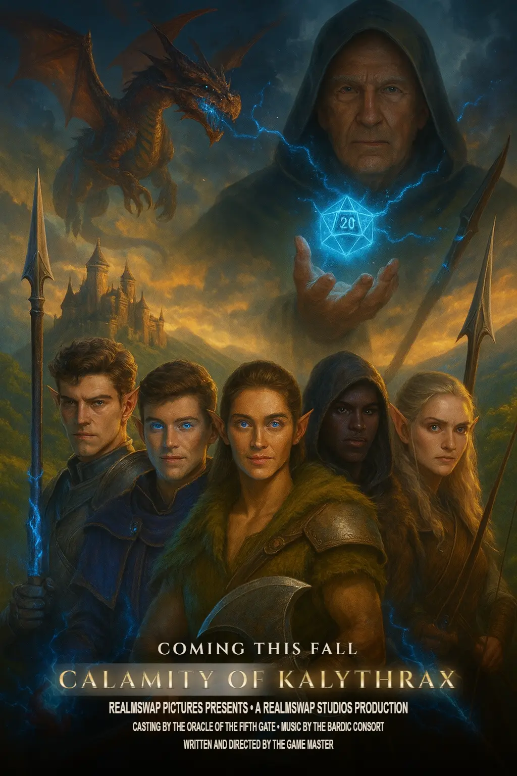 Calamity of Kalythrax cinematic group poster with dragon