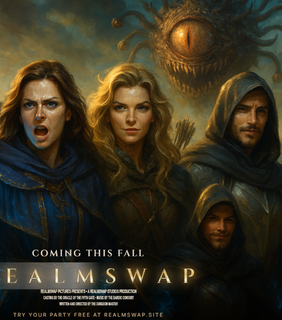 Cinematic hooded party poster with a tiny clone face peeking from the cloak folds