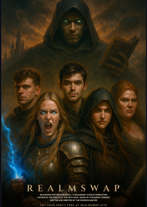 RealmSwap overlord poster with glowing-eyed dungeon master